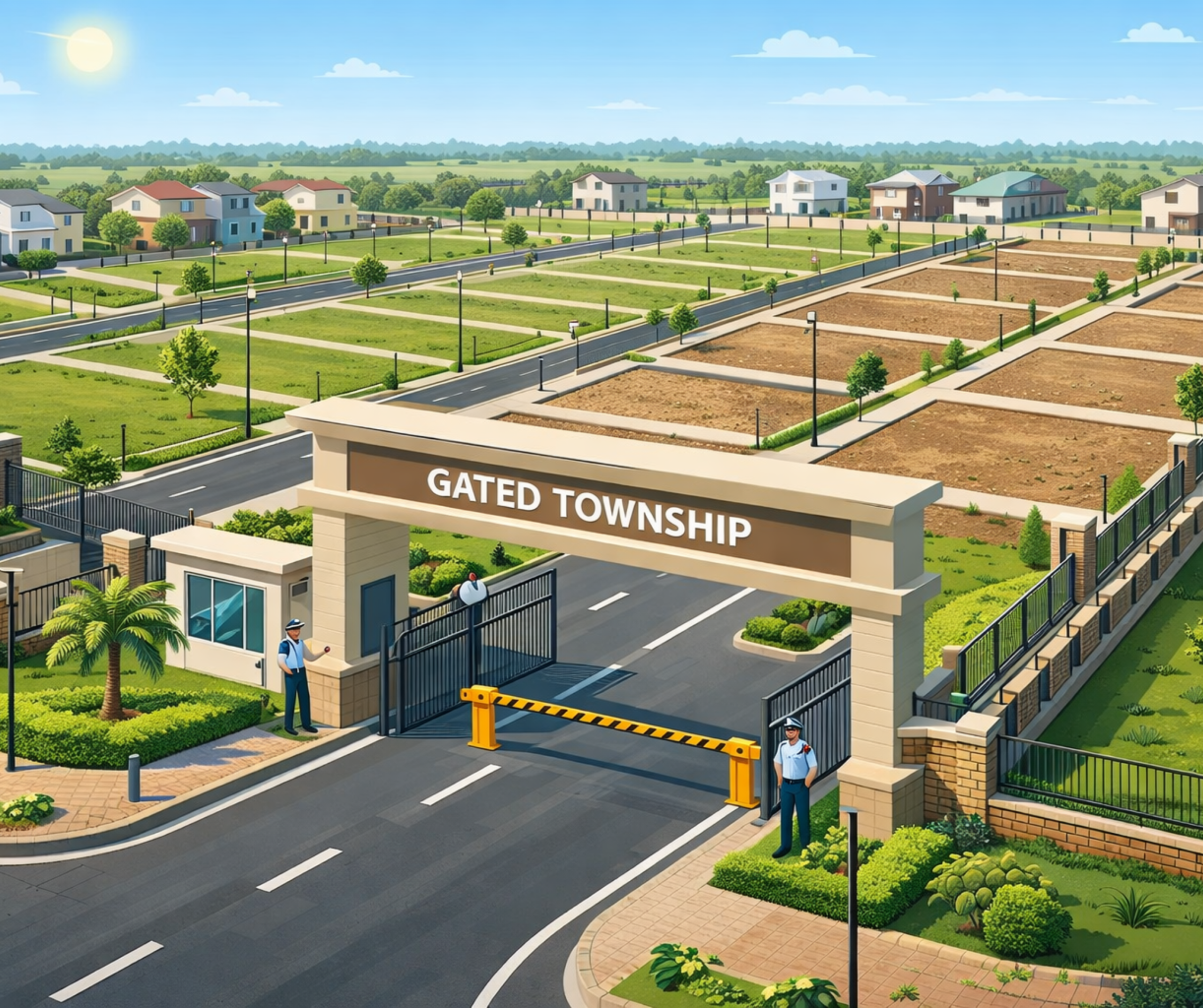 Gated township entrance with security gate and plotted residential layout
