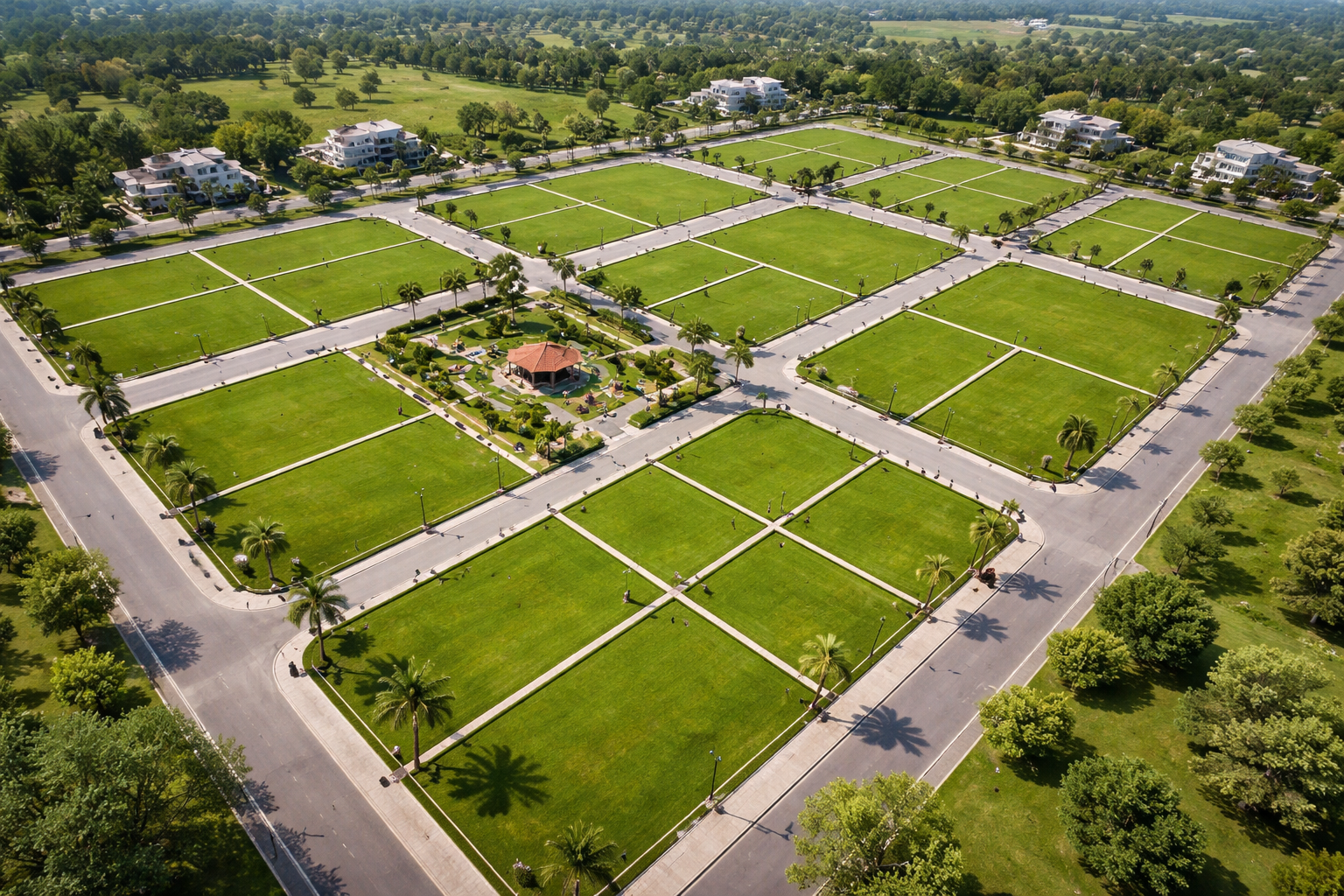 Aerial view of green landscaped residential plots with wide internal roads in a gated township in Jhajjar