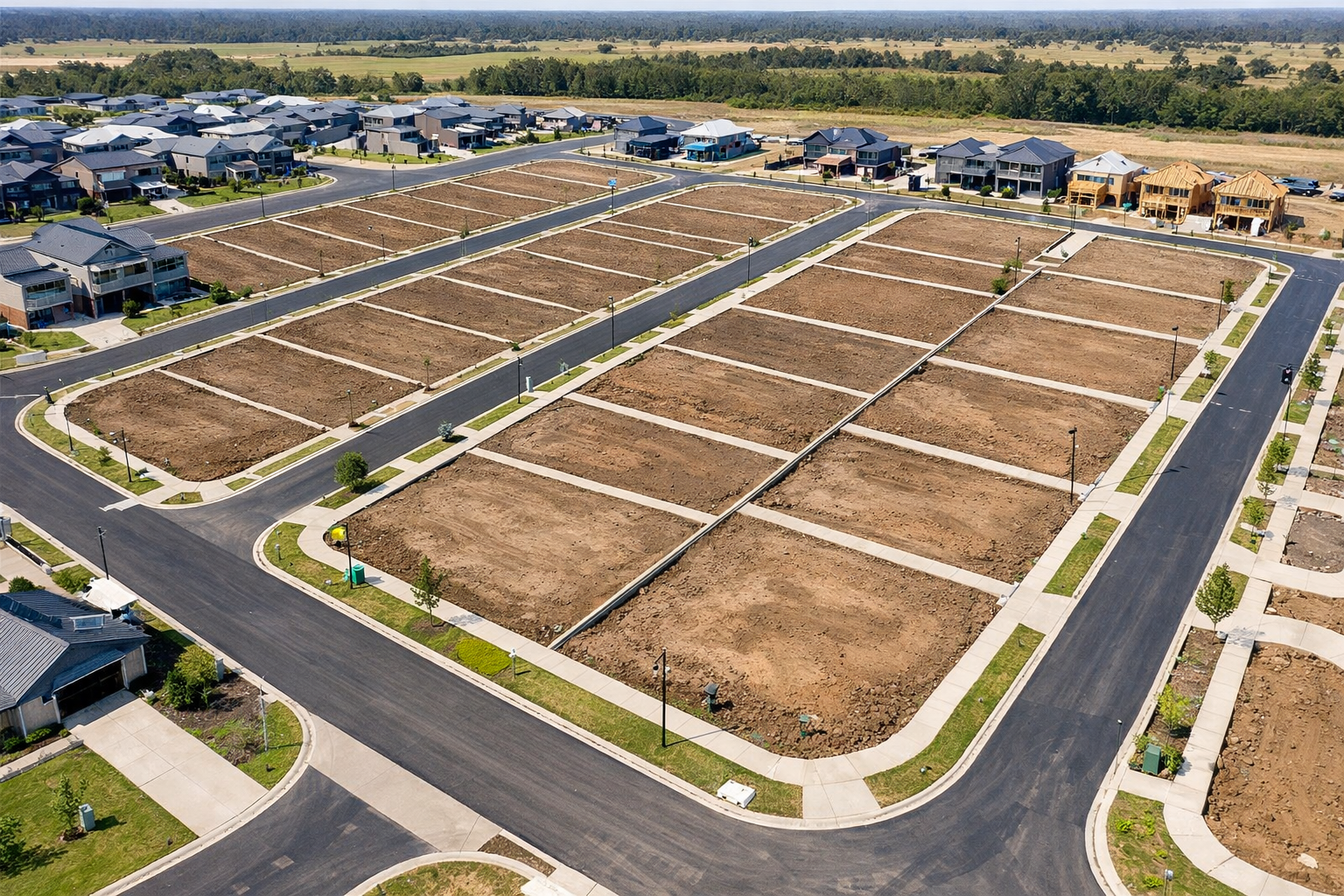 Developed residential plots with marked boundaries and paved roads in Krishan Kunj township